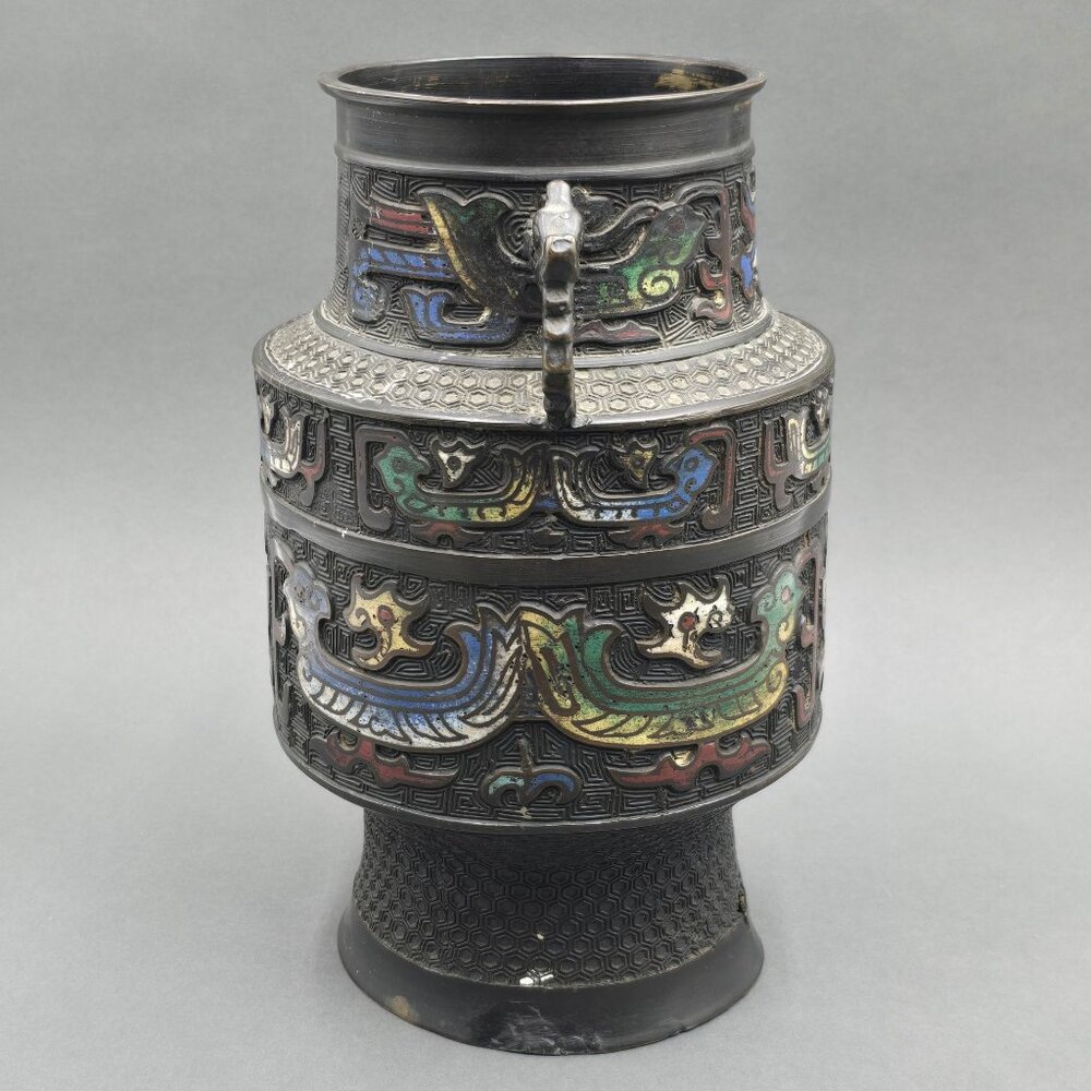 Antique Japanese Bronze Champleve Vase 11" Archaic Dragon Handle Meiji Style - Picture 2 of 16